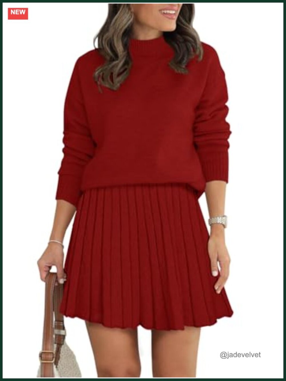Women's Two Piece Matching Set Long Sleeve Knit Top Pleated Mini Skirt